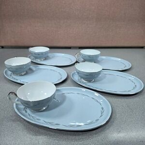 Seyei China Snack Plate Cup Set 5pc Blue Silver Wheat 3282 Nagoya Japan Exc